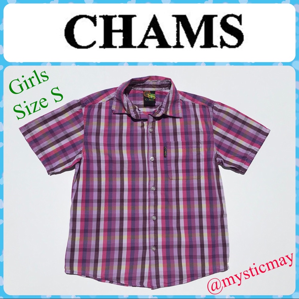 CHAMS Girls Purple Plaid Button Up Shirt Short Sleeve Top Kids Size S or 4 / 6